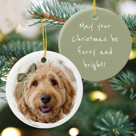 カントリースタイルのクリスマス オーダーメイドの犬の写真の記念グリーン セラミックオーナメント