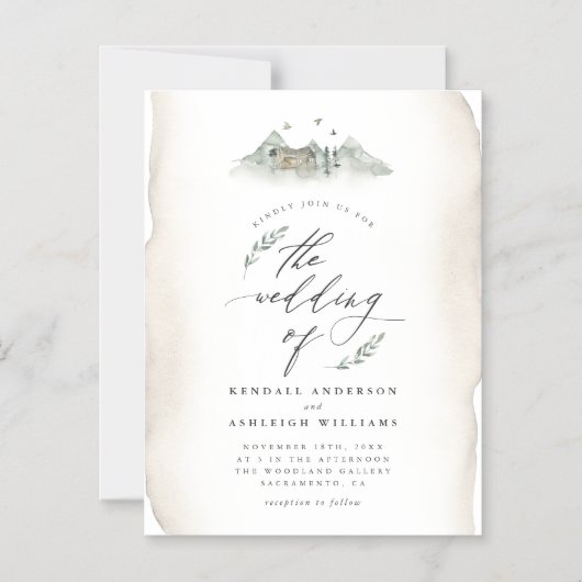 カントリータン葉ウォーターカラー&マウンテン結婚ズ マグネット招待状 (正面)