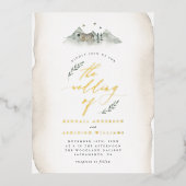 カントリータン葉ウォーターカラー&マウンテン結婚ズ 箔招待状ポストカード (正面)