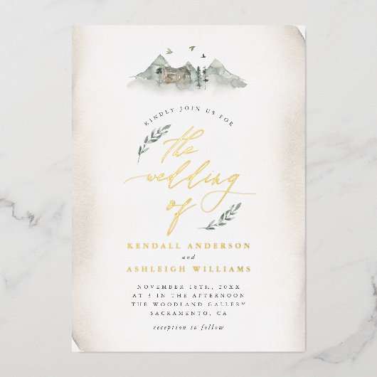 カントリータン葉ウォーターカラー&マウンテン結婚ズ 箔招待状 (正面)