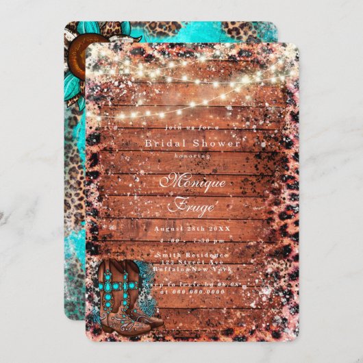 カントリーターコイズカウボーイブーツブライダルシャワー 招待状 (正面/裏面)