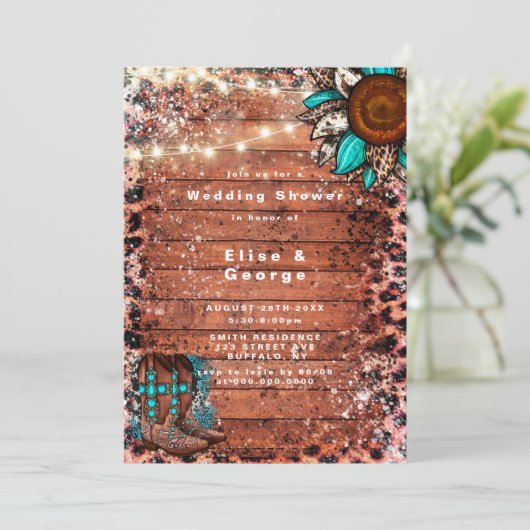 カントリーターコイズブーツウェディングシャワー招待状 (スタンド正面)