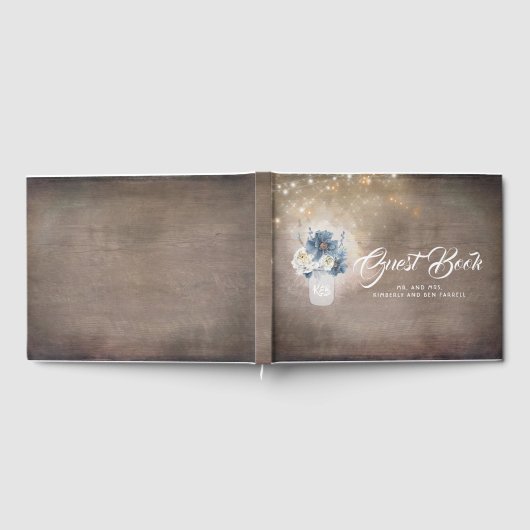 カントリーダスティ素朴ブルーフローラメイスンジャー結婚ズ ゲストブック (全面)