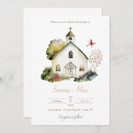 カントリーチャーチウォーターカラー結婚式招待状 招待状 (正面/裏面)
