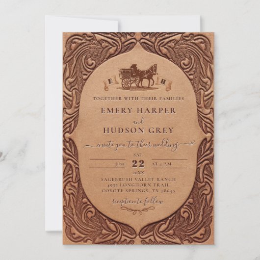 カントリーツールレザーウェスタンコーチシック結婚ズ 招待状 (正面)