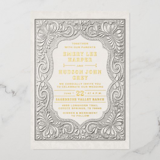 カントリーツールレザーウェスタン素朴金ゴールド結婚ズ 箔招待状