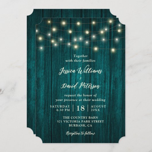 カントリーティール(緑がかった色)バーンウッドストリングライツ結婚ズ 招待状 (正面/裏面)