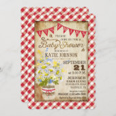 カントリーデイジーギンガムチェック双子ベビーシャワー 招待状 (正面/裏面)