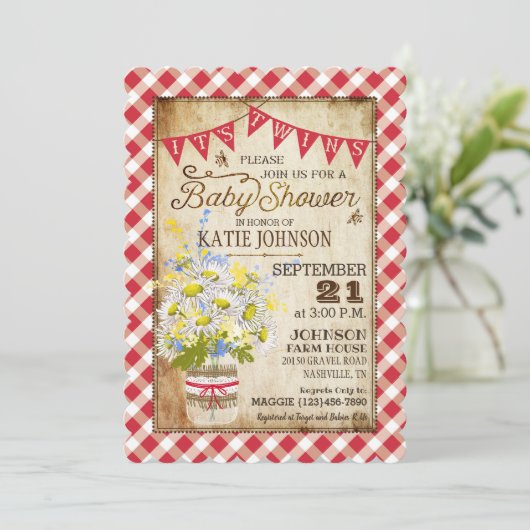 カントリーデイジーギンガムチェック双子ベビーシャワー 招待状 (スタンド正面)