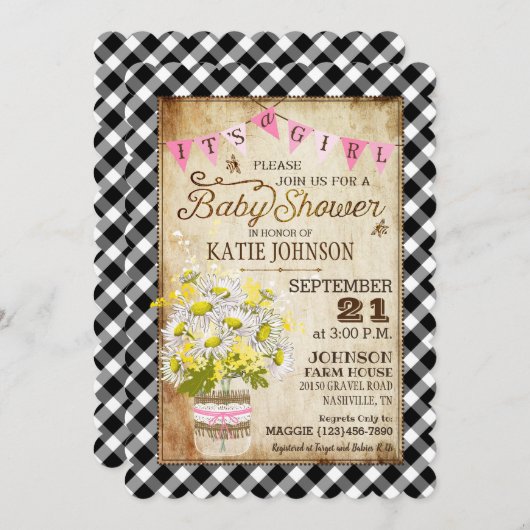 カントリーデイジージンガムチェックガールベビーシャワー 招待状 (正面/裏面)