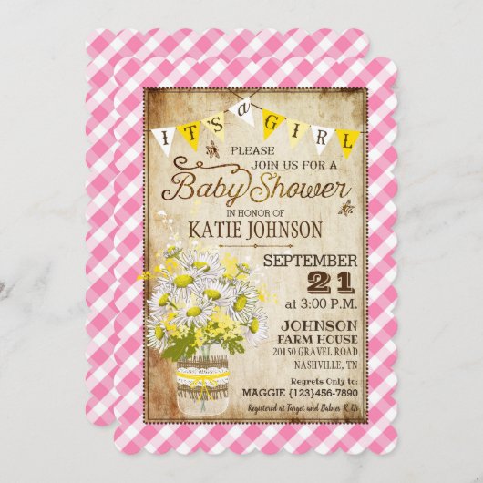 カントリーデイジージンガムチェックガールベビーシャワー 招待状 (正面/裏面)