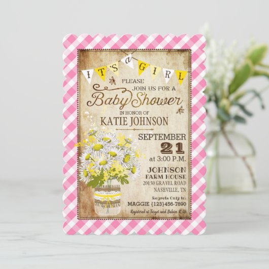 カントリーデイジージンガムチェックガールベビーシャワー 招待状 (スタンド正面)