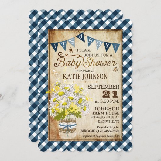 カントリーデイジージンガムチェックボーイベビーシャワー 招待状 (正面/裏面)