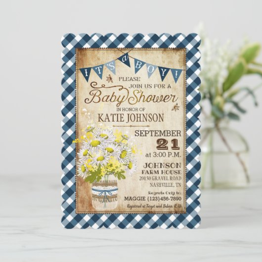カントリーデイジージンガムチェックボーイベビーシャワー 招待状 (スタンド正面)