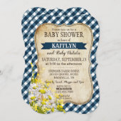 カントリーデイジーネイビーブルーギンガムチェックベビーシャワー 招待状 (正面/裏面)