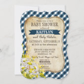 カントリーデイジーネイビーブルーギンガムチェックベビーシャワー 招待状 (正面)