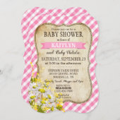 カントリーデイジーピンクギンガムチェック赤ちゃんシャワー 招待状 (正面/裏面)