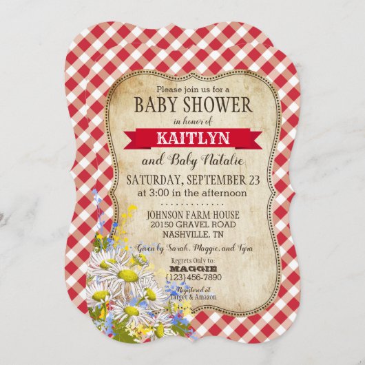 カントリーデイジーレッドギンガムチェックベビーシャワー 招待状 (正面/裏面)