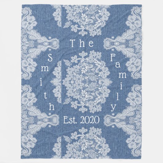カントリーデニムとレースファミリー名情報を設定 フリースブランケット (正面)