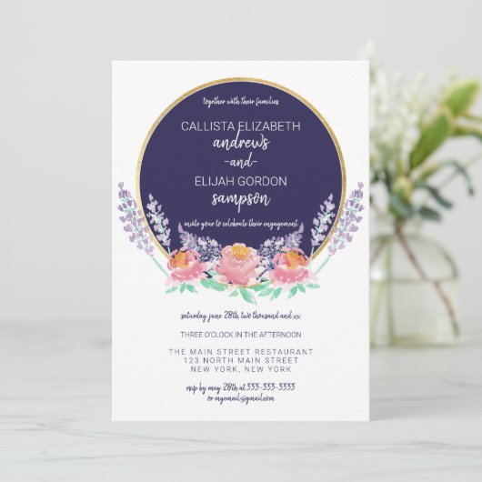 カントリーネイビーピンク薄紫ワイルドフラワーエンゲージメント 招待状 (スタンド正面)
