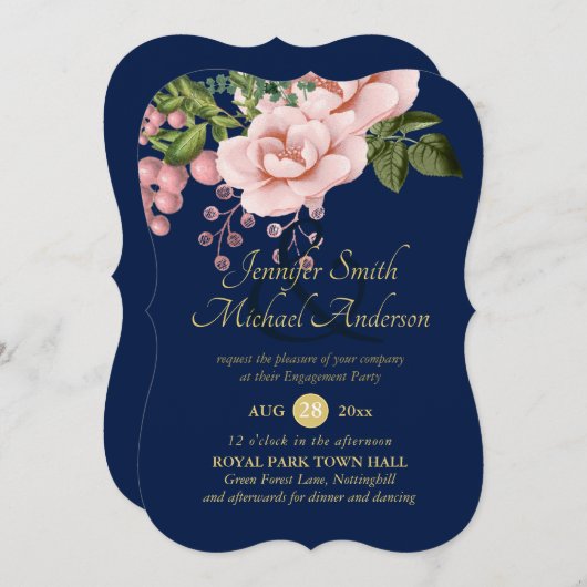 カントリーネイビーブルー赤面ピンクローゼス金ゴールド婚約 (正面/裏面)