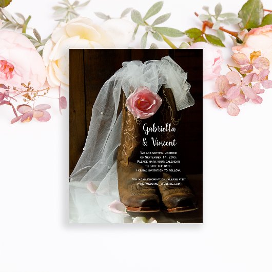 カントリーバラカウボーイブーツウェディング日付を保存 マグネット招待状