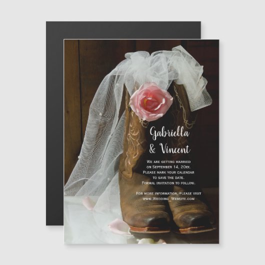 カントリーバラカウボーイブーツウェディング日付を保存 マグネット招待状 (正面/裏面)