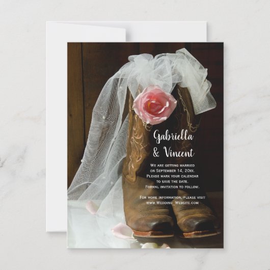 カントリーバラカウボーイブーツウェディング日付を保存 マグネット招待状 (正面)