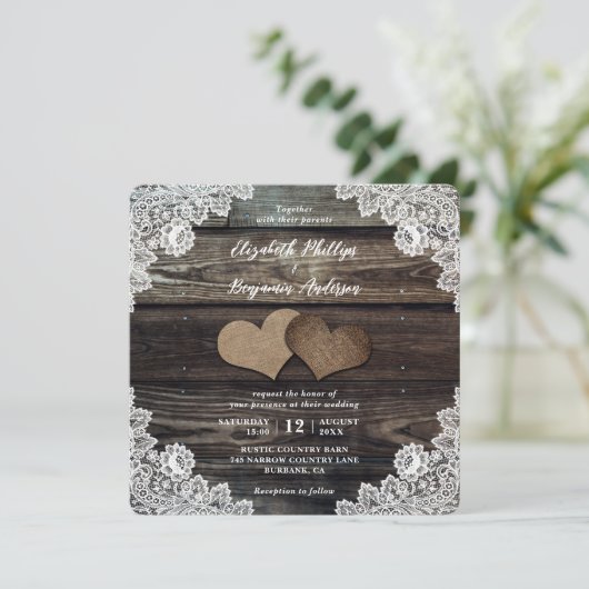 カントリーバーラップハートフローラレースウッド結婚ズ 招待状 (スタンド正面)