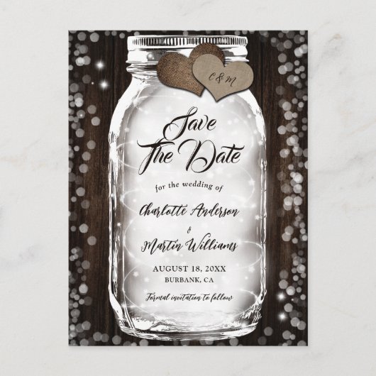 カントリーバーンウッドストリングライツメイソンジャー結婚ズ 案内ポストカード (正面)