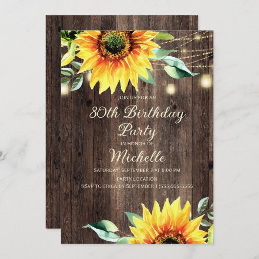 カントリーバーンストリングライトサンフラワー80誕生日 招待状 (正面/裏面)