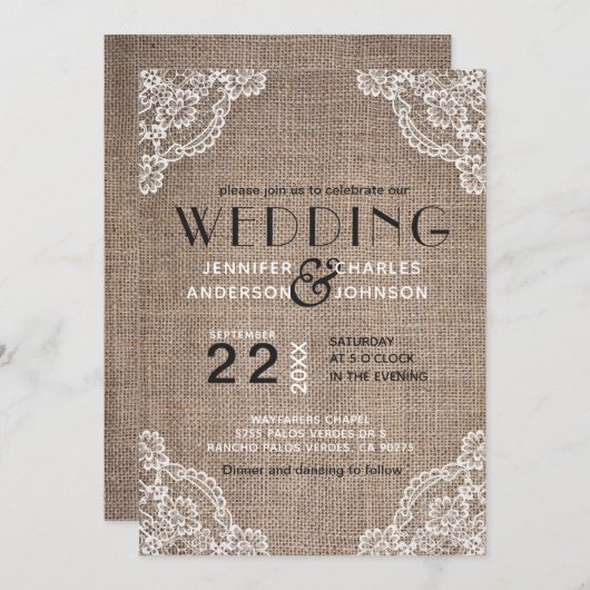 カントリーバ素朴ラップ生地レース結婚トリム 招待状 (正面/裏面)