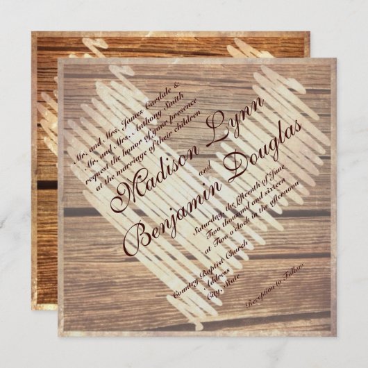 カントリーバ素朴ンウッドハート結婚式招待状 招待状 (正面/裏面)