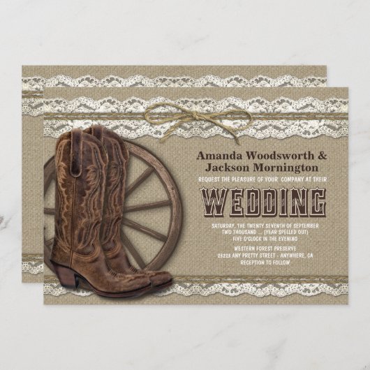 カントリーバ素朴ーラップとレース結婚式招待状 招待状 (正面/裏面)
