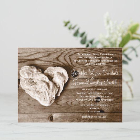 カントリーバ素朴ーンウッドハート結婚式招待状 招待状 (スタンド正面)