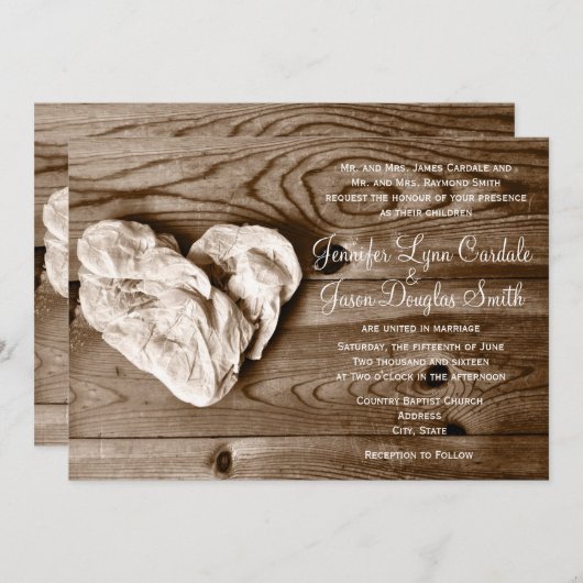 カントリーバ素朴ーンウッドハート結婚式招待状 招待状 (正面/裏面)