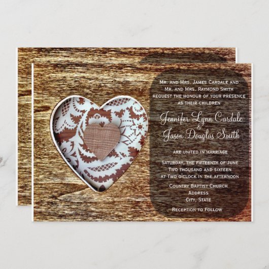 カントリーバ素朴ーンウッドレースハートウェディング招待 招待状 (正面/裏面)