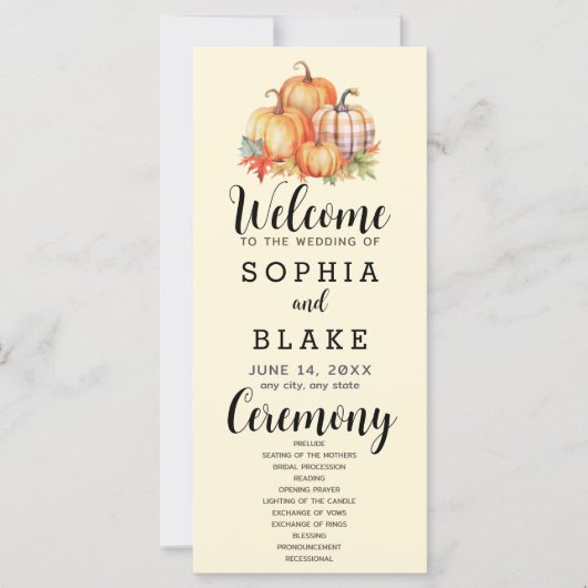 カントリーパンプキンズプレイド秋イエロー結婚式 プログラム (正面)