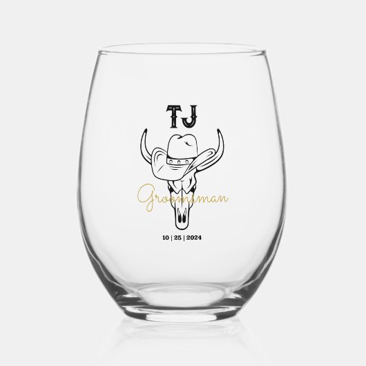 カントリーパーソナライズされたカウボーイGroomsmenモノグラム ステムなしワイングラス (正面)