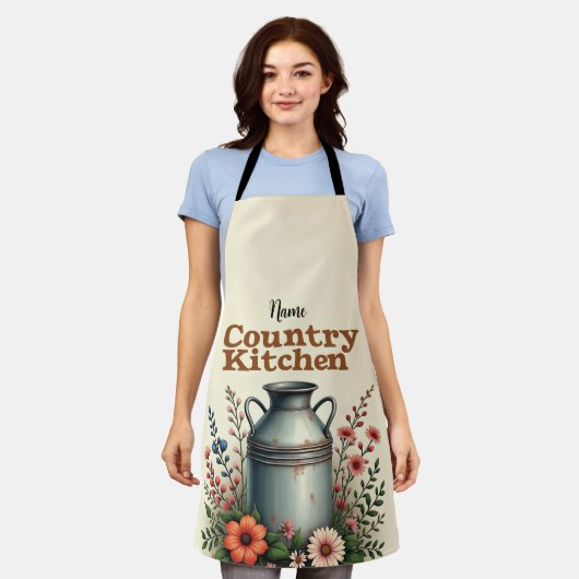 カントリーパーソナライズされたキッチンエプロン – [名前]のファーム エプロン (着用した状態)