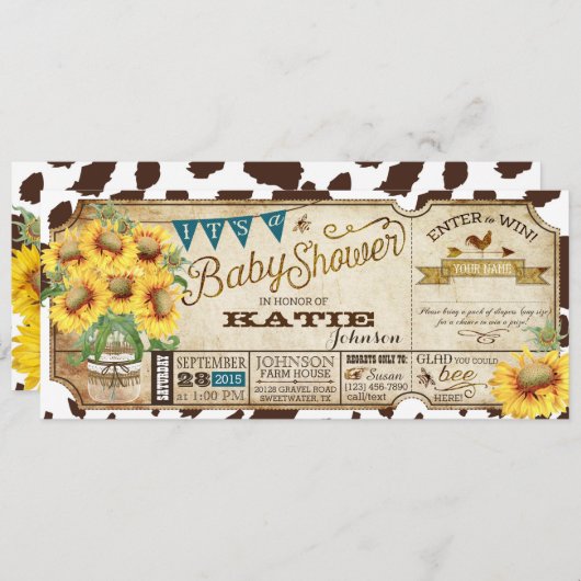 カントリーヒマワリと牛のプリントベビーシャワー 招待状 (正面/裏面)