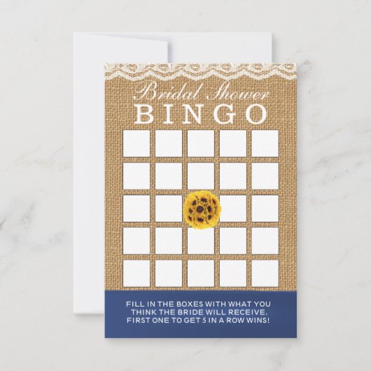 カントリーヒマワリーバーラップブライダルシャワービンゴカード 招待状 (正面)