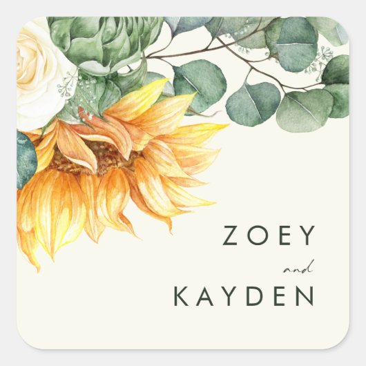 カントリーヒマワリ結婚イエロー封筒用シール スクエアシール (正面)