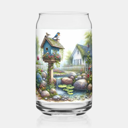 カントリービルバードハウスガーデン水彩画 ガラス缶 (正面)