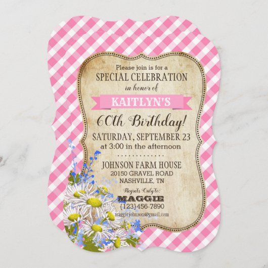 カントリーピクニックウィズデイジーブーケ誕生日招待状 招待状 (正面/裏面)