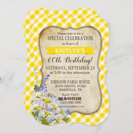 カントリーピクニックウィズデイジーブーケ誕生日招待状 招待状 (正面/裏面)