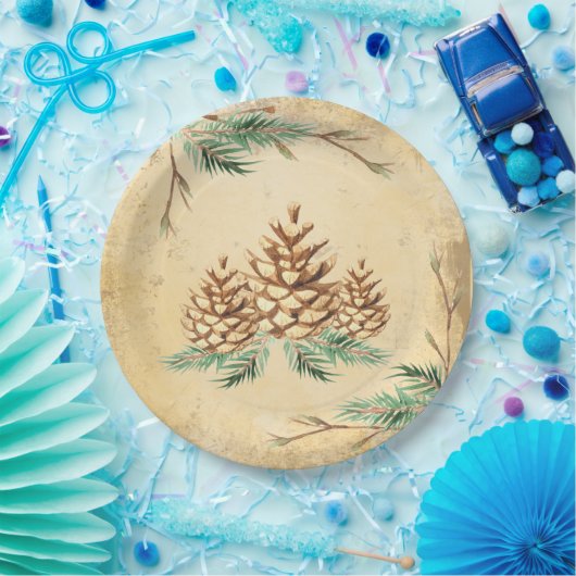 カントリーピネコーネヴィンテージエレガントグリーンリーホリデイ ペーパープレート (パーティー)