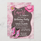 カントリーピンクグリッター女性のカーボーイチルドレン誕生日 招待状 (正面/裏面)