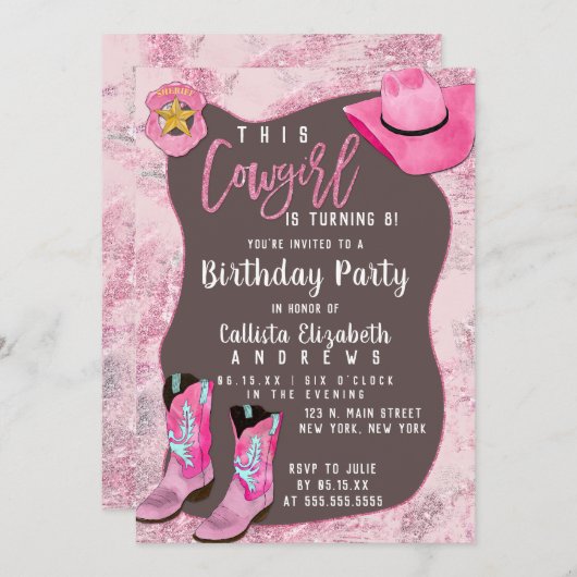 カントリーピンクグリッター女性のカーボーイチルドレン誕生日 招待状 (正面/裏面)