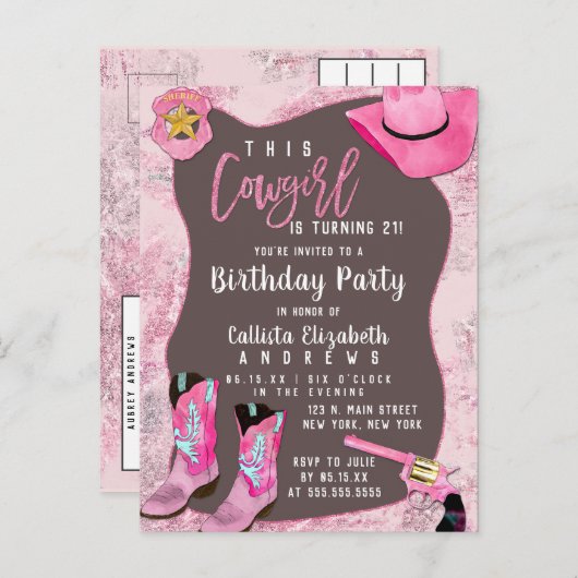 カントリーピンクグリッター女性のカーボーイ水彩誕生日 インビテーションポストカード (正面/裏面)